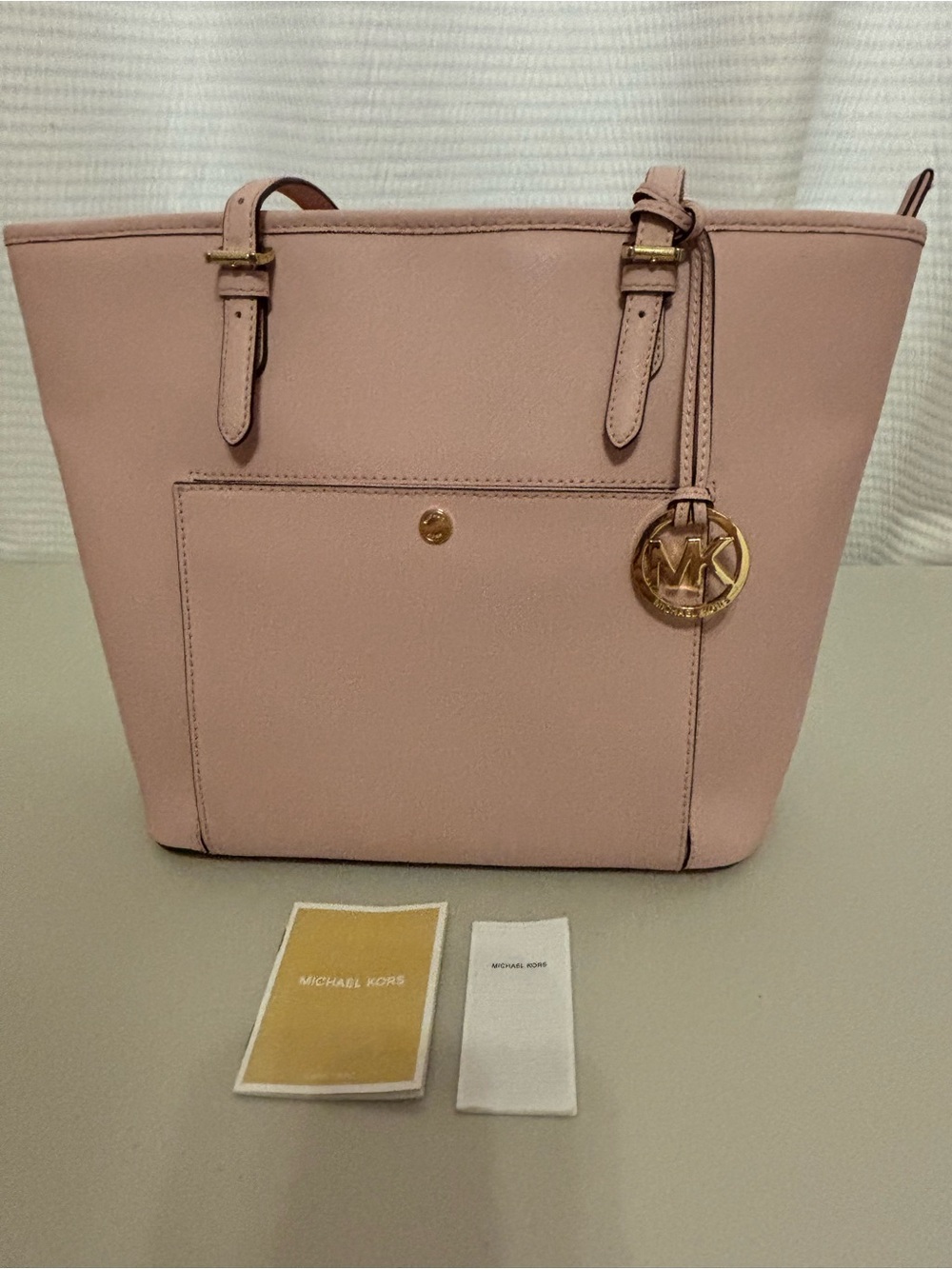 Michael Kors Saffiano Leather Jet Set Large Snap Pocket Bag with Gold MK Charm